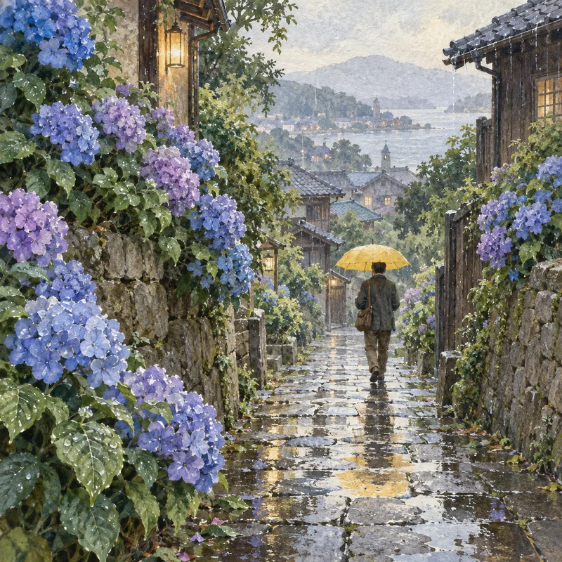 수국 핀 빗길